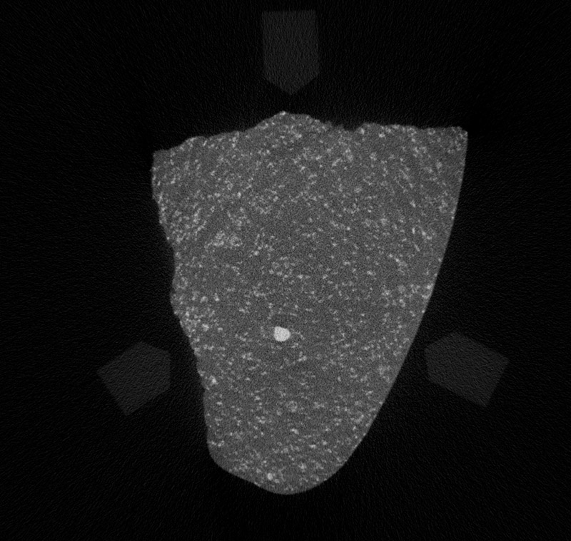 Rendgenska tomografija u Manchesteru otkrila je veliko zrnce metala (željezo-nikal) unutar silikatne strukture križevačkog meteorita (foto  Hrvatska meteorska mreža)