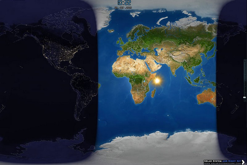 Položaj Sunca u trenutku kad počinje jesen 23. rujna 2015. (iz programa Solar System Scope)