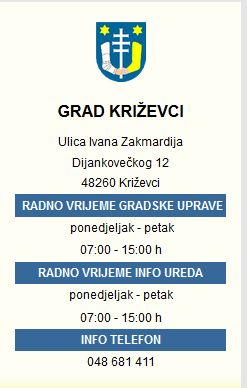 Gradska uprava Križevci - radno vrijeme
