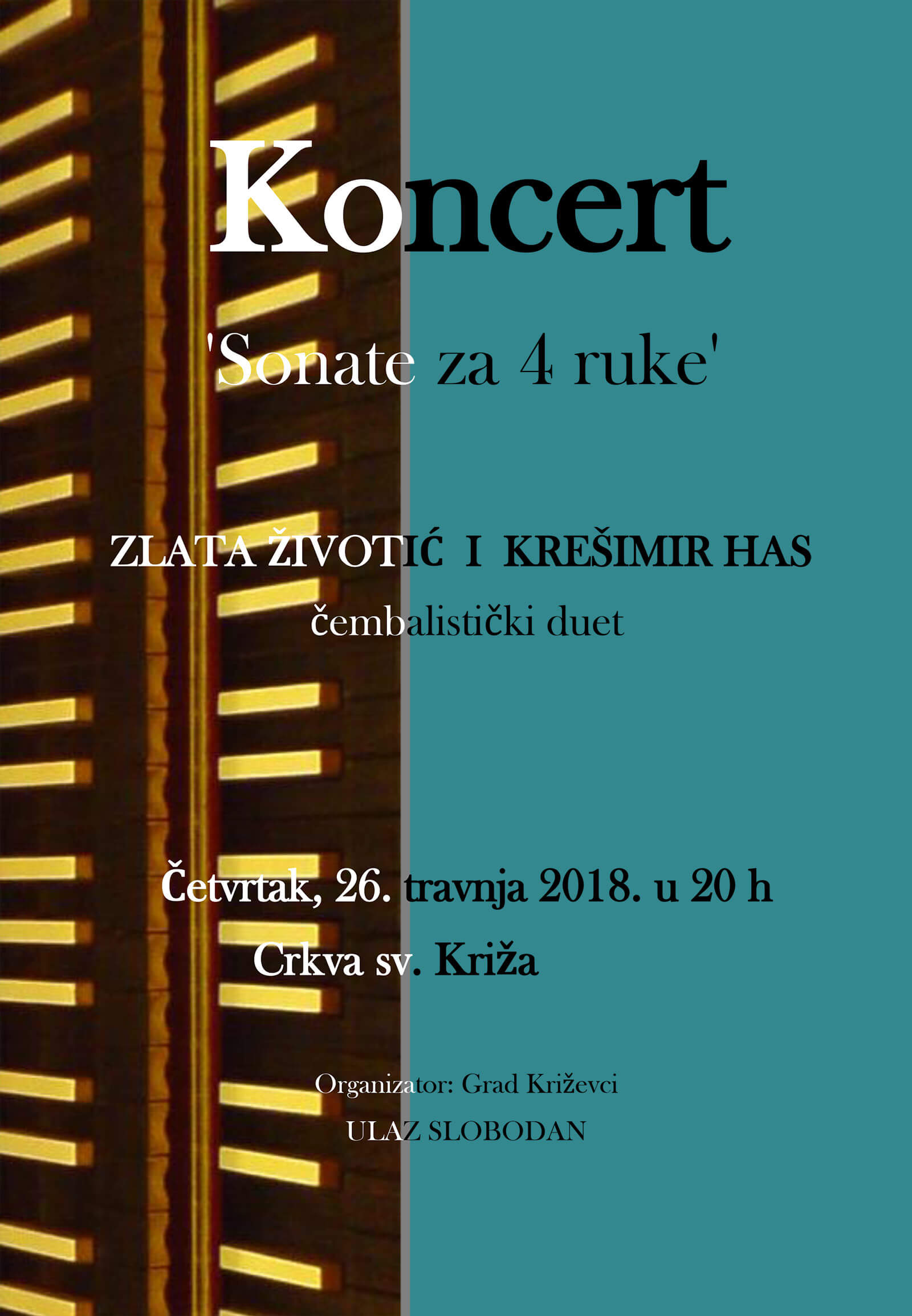 Koncert 'Sonate za 4 ruke' u četvrtak u crkvi sv. Križa