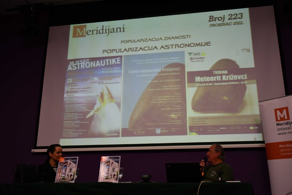 Na predstavljanju časopisa Meridijani 12. prosinca 2022. prof. Tihomir Marjanac govori o meteoritu Križevci i zašto i kako su izumrli dinosauri (foto R.Matić)