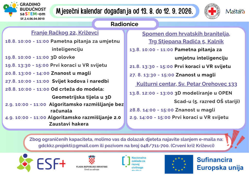 Mjesečni plan aktivnosti za razdoblje od 1.8. do 1.9.2026. – Gradimo budućnost sa STEM-om